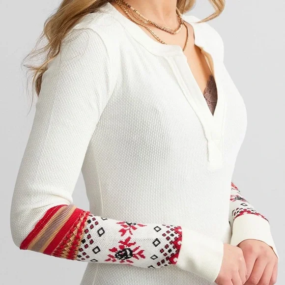 Free People Mikah Notch Neck Top in Cream Combo - Picture 3 of 5